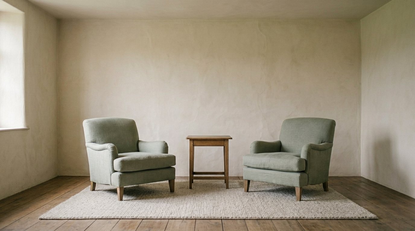 Two upholstered armchairs turned toward each other beside a small wooden side table in a quiet room.