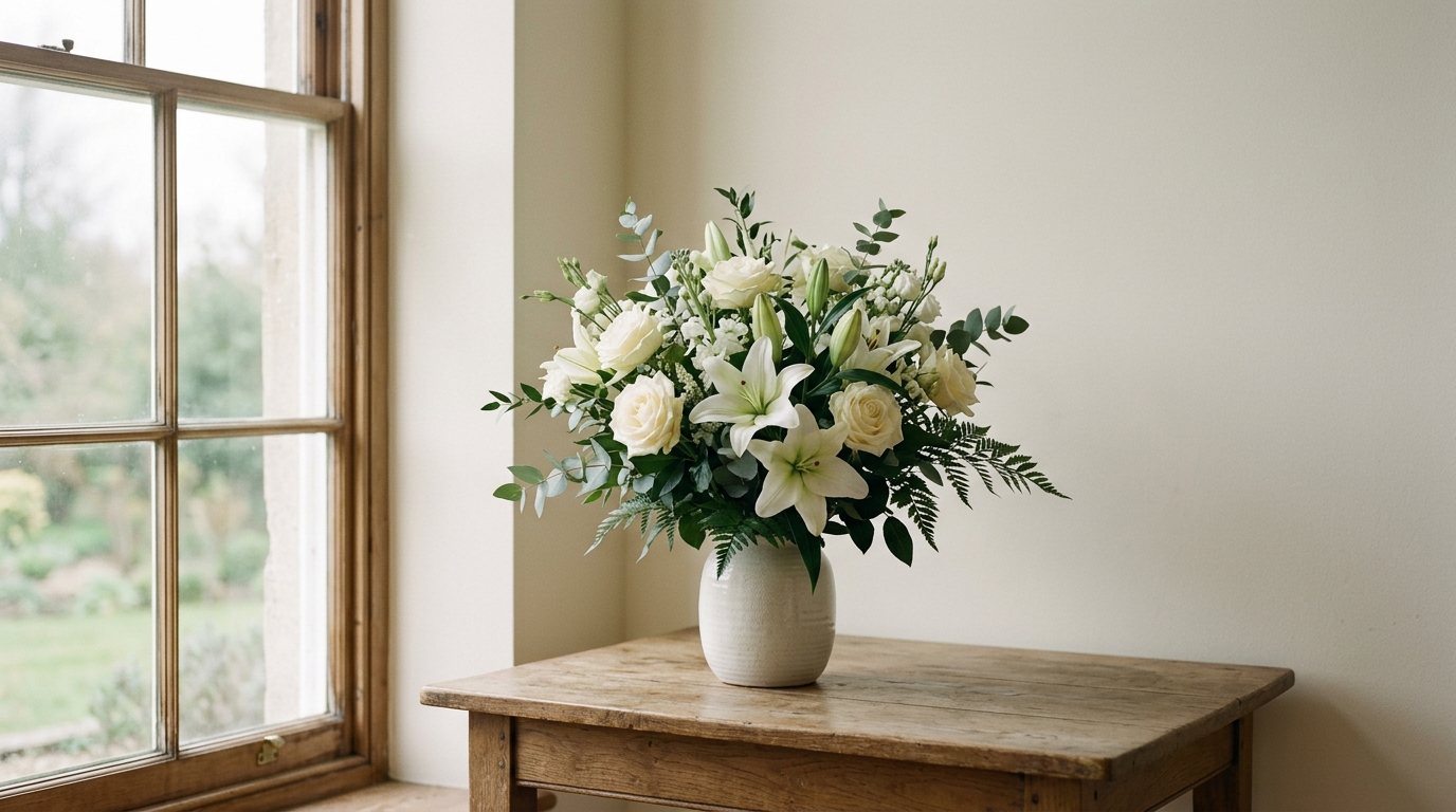An arrangement of white lilies and roses in a ceramic vase on a wooden table beside a window.